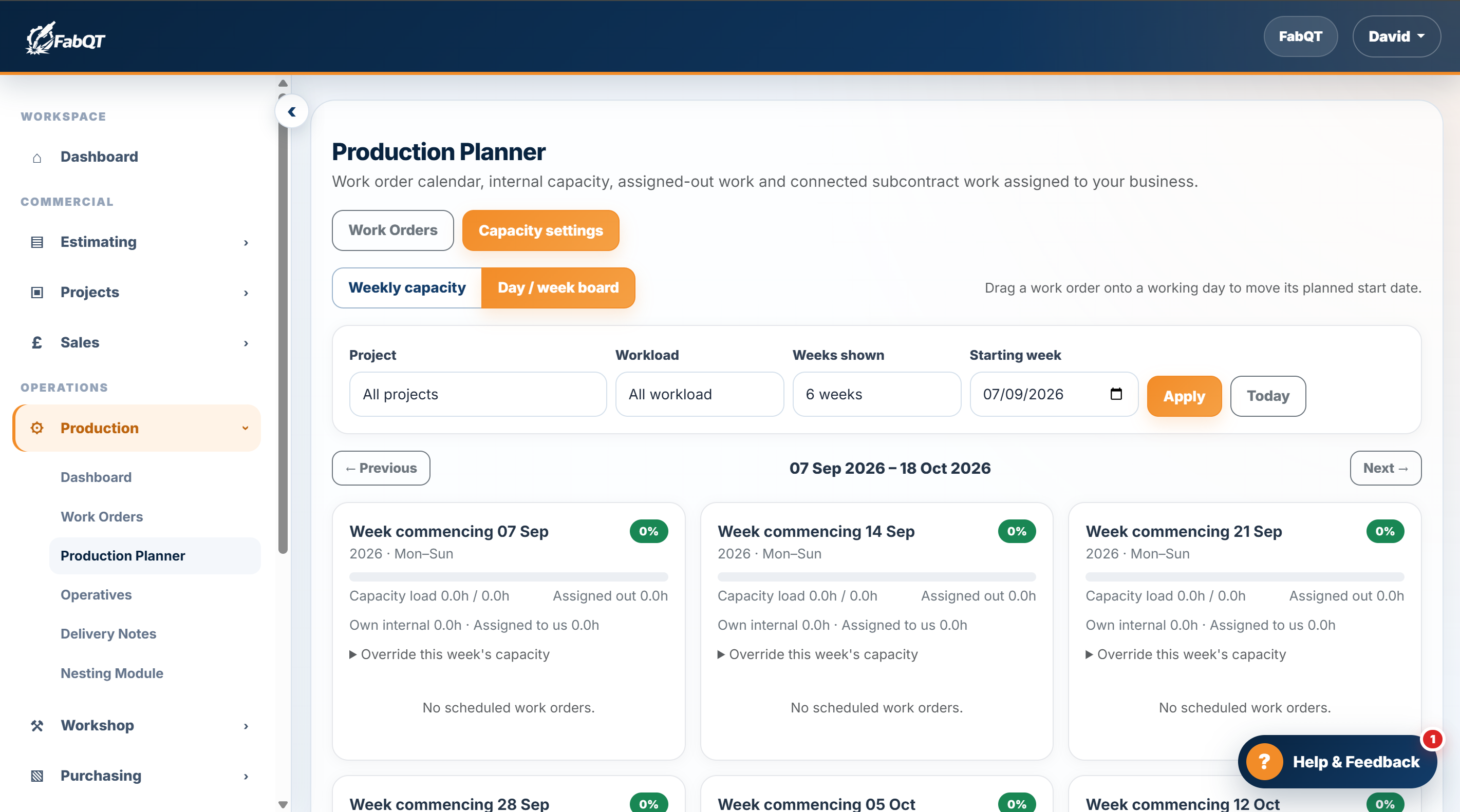 FabQT Production Planner showing weekly capacity and scheduled work orders