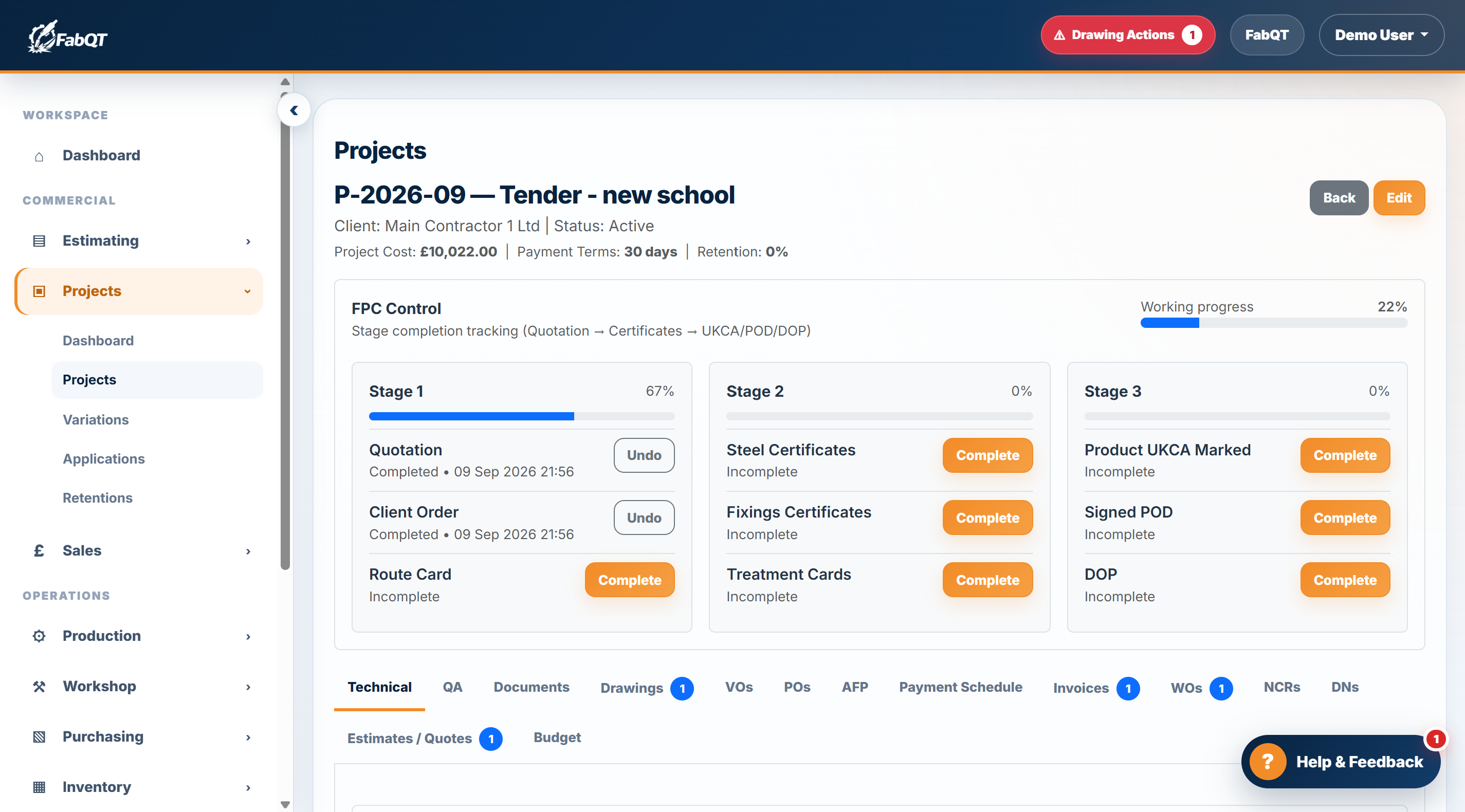FabQT Projects module showing FPC control, project tabs and linked records