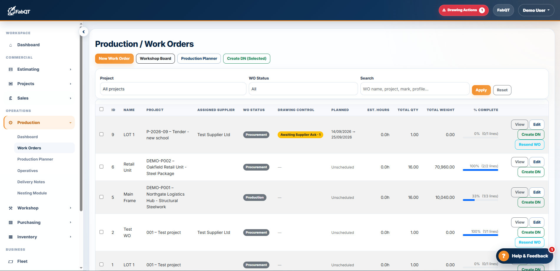 FabQT work order traceability and QA screen