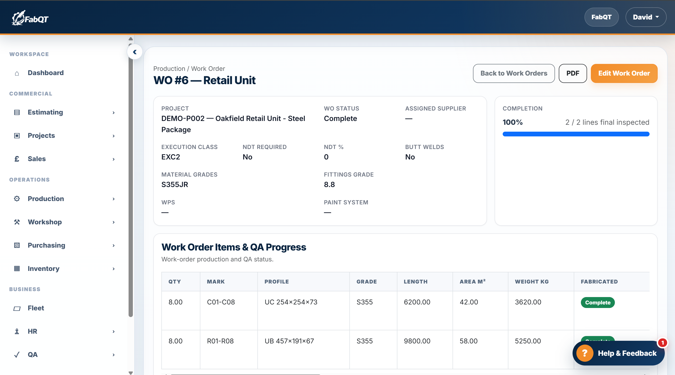 FabQT work order page showing fabrication items and QA progress